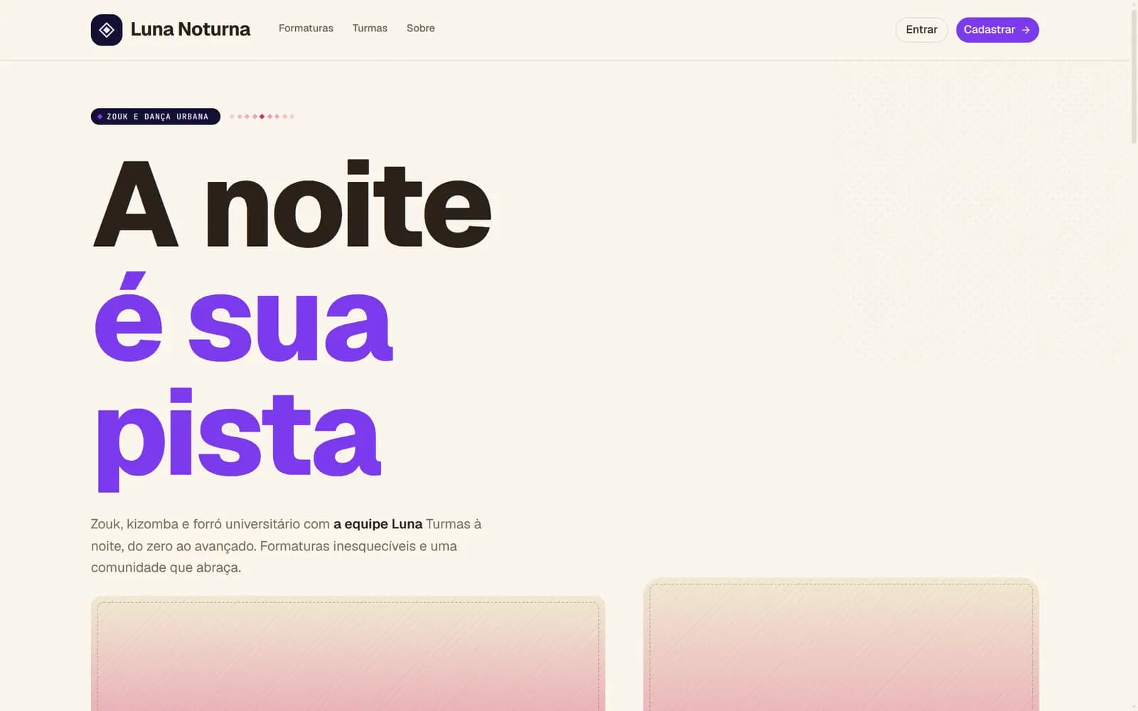 Site público da academia Luna Noturna, tema escuro e violeta