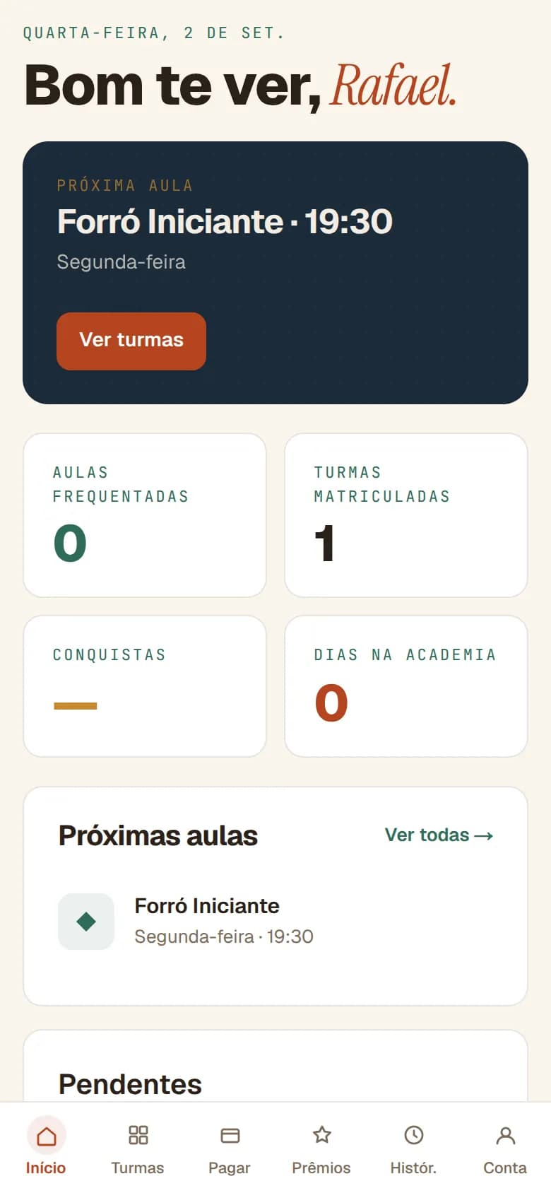 Área do aluno de uma academia de exemplo, no celular